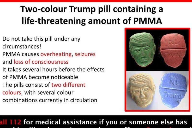 The moulded tablets, produced in green and yellow and bearing the words "Trump" and "NL," came to light after being submitted to Dutch drug-testing services.