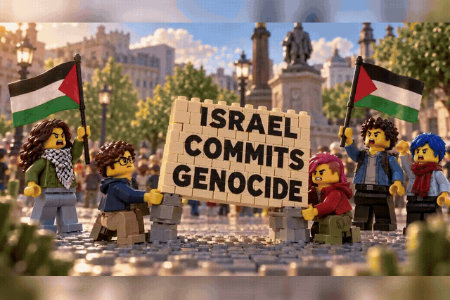 Lego Hamas figures among Palestinian flags in the animation, which has surpassed 2.7 million views and was made in deliberate imitation of Iranian propaganda videos.