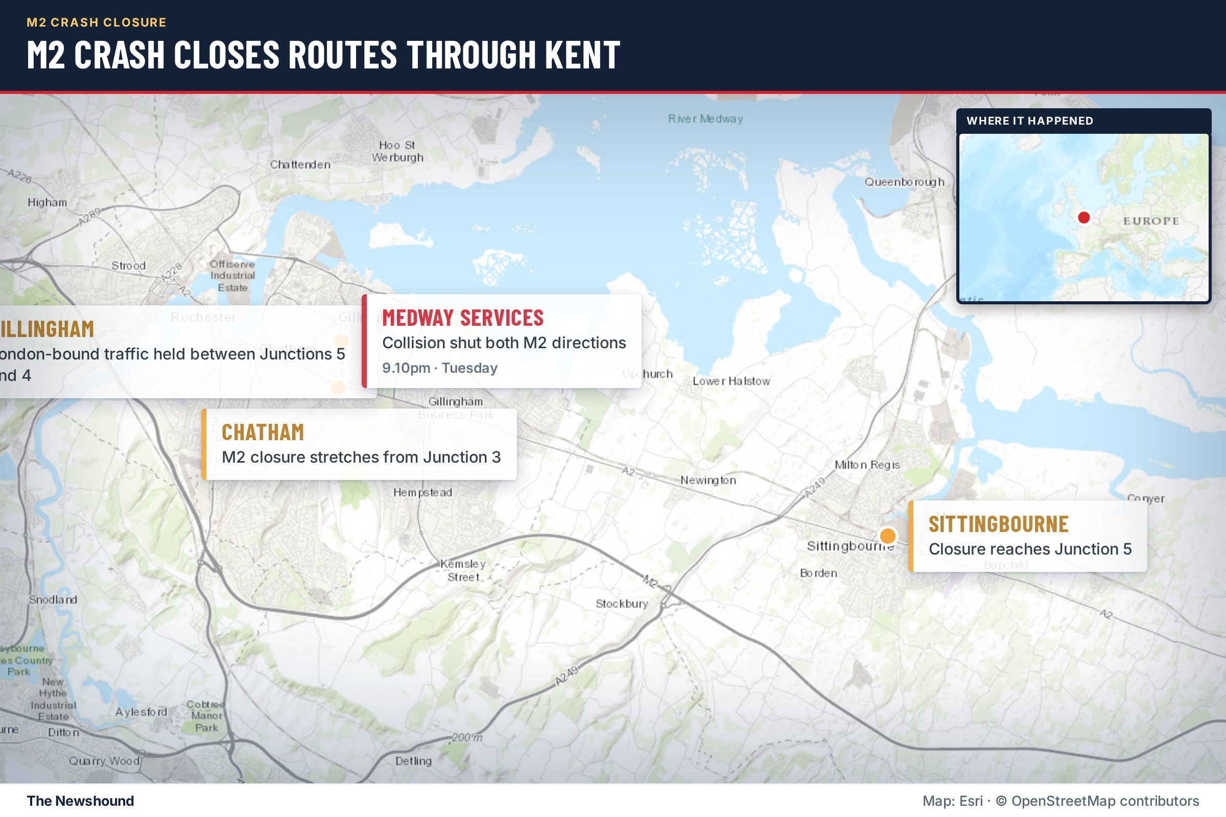 The M2 remains closed in both directions near Medway Services, with knock-on delays spreading onto the A249 towards Maidstone and the A2 around Rainham.