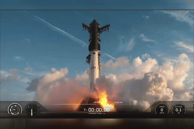 Elon Musk's SpaceX Starship launches from its Texas pad — a milestone flight that deployed 26 Starlink V3 satellites before breaking apart over the Pacific Ocean.