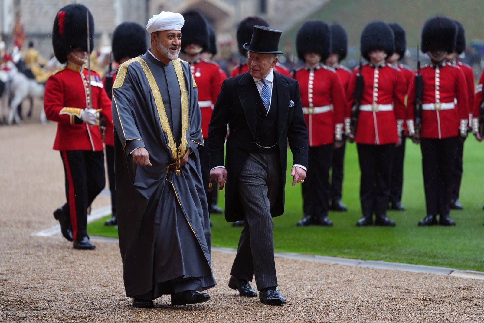 Sultan Haitham bin Tariq (left) and King Charles III at Windsor Castle, as the Sultan's UK visit is expected to include signing a maritime security pact amid the Strait of Hormuz closure.