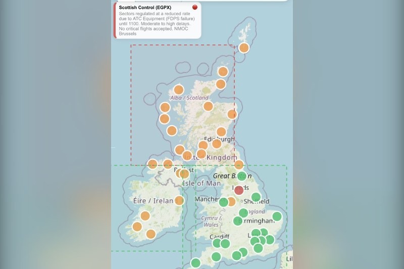 Scottish Control sectors flagged with ATC equipment failure warnings across UK and Irish airspace, as a Flight Data Processing System fault at Prestwick restricted Scottish airspace by 60%, delaying hundreds of flights.