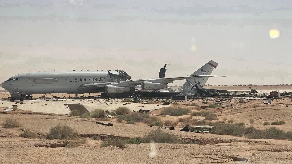 A US Air Force surveillance aircraft at Prince Sultan Air Force Base in Saudi Arabia, its tail severed and radar dome destroyed, as Houthi attacks knock out the kingdom's East-West Pipeline — its main alternative oil…