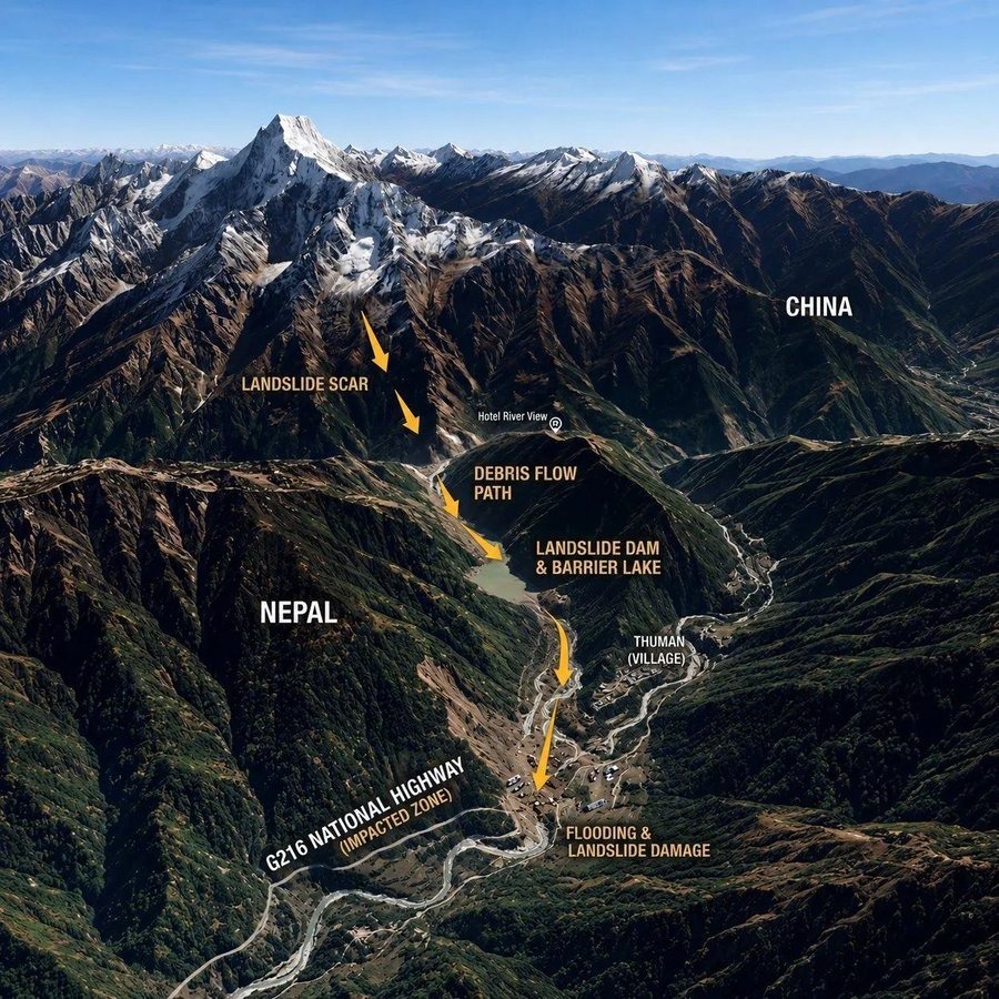 The Trishuli River surged 27 feet in just 30 minutes after a magnitude-5.2 glacial collapse sent water and mud across 40km of the Himalayan border.