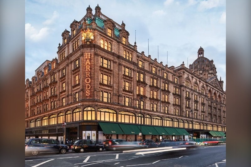 Harrods on Brompton Road in Knightsbridge, one of Britain's flagship luxury retail destinations, as Kemi Badenoch vows to fund the VAT refund revival through a crackdown on NHS tourism.