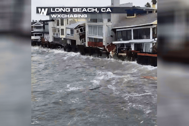 Storm-damaged buildings in Long Beach, California, where eight homes on the Peninsula have been red-tagged as unsafe after monster waves reached second-storey windows during Tropical Storm Rachel.