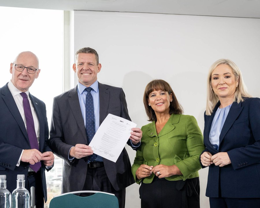 John Swinney (left), Scottish First Minister, and Michelle O'Neill (right) at the Cardiff summit that sparked a furious row after terror victims' groups warned Swinney's Sinn Féin pact risks glorifying violence.