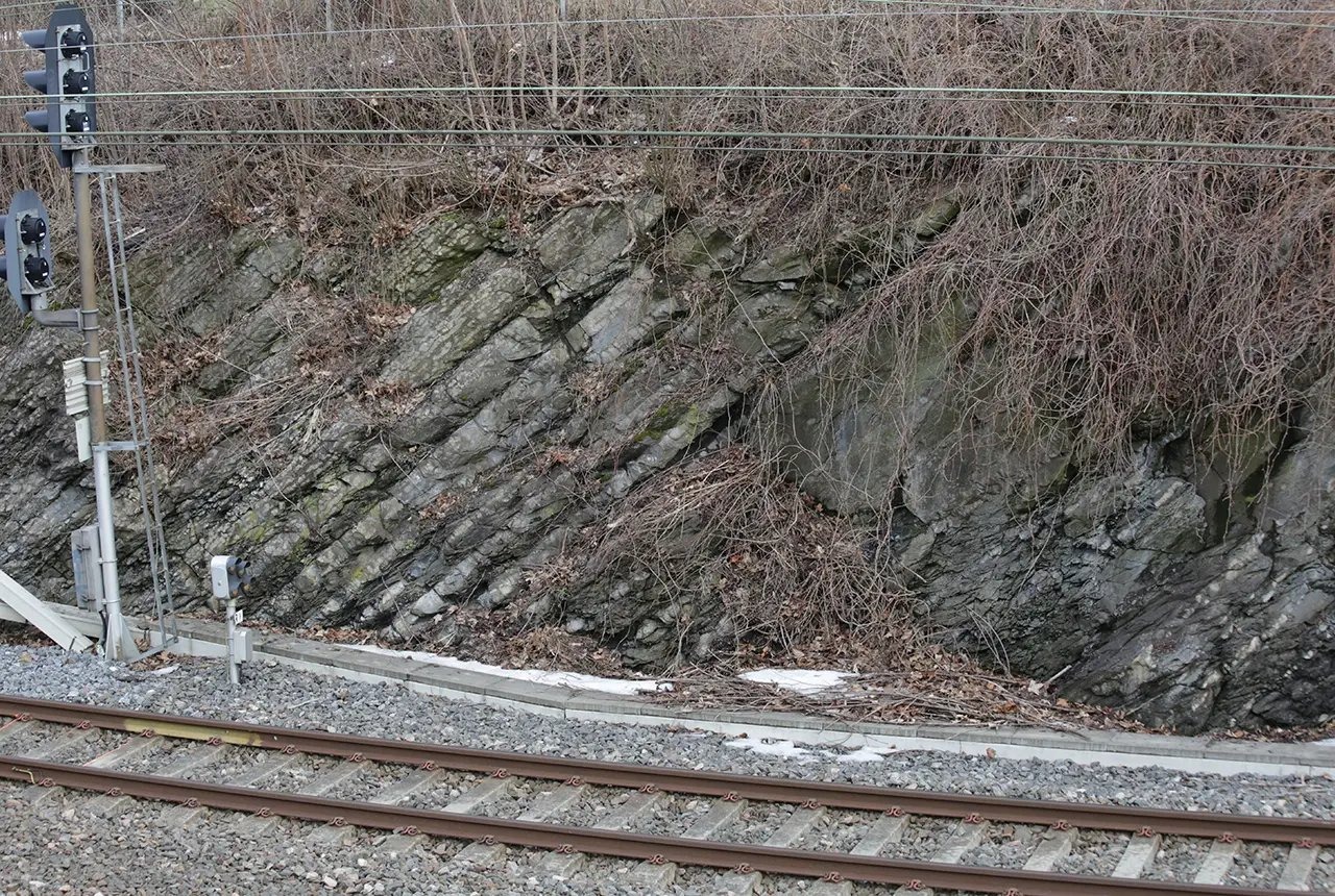 Volcanic ash layers visible in these Oslo railway embankment strata are among the Scandinavian deposits the newly confirmed Wash supervolcano blanketed roughly 454 million years ago.