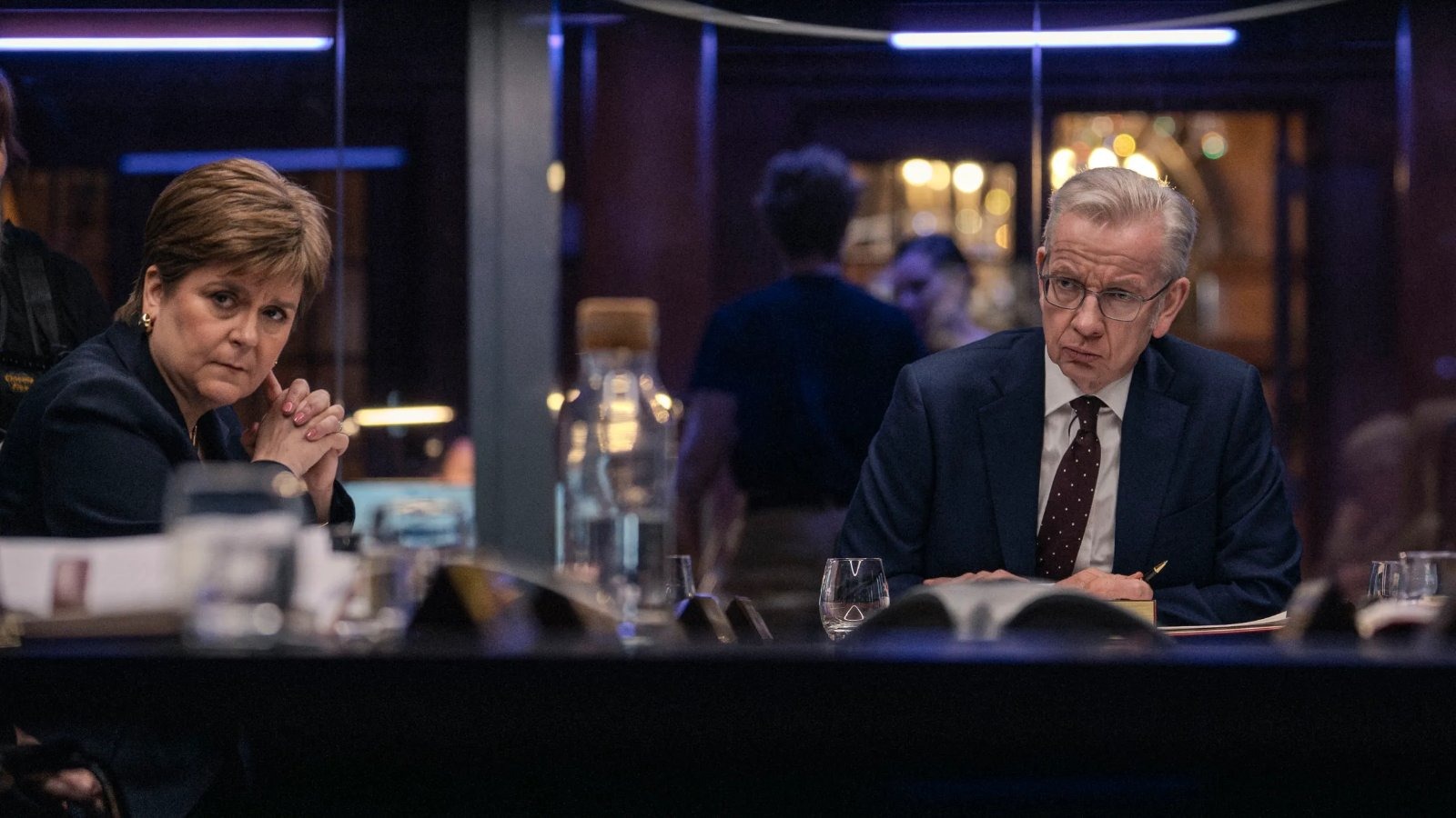 Nicola Sturgeon and Michael Gove in the Sky docudrama, in which critics have dismissed the cast as unconvincing wartime leaders in the Russian invasion scenario.