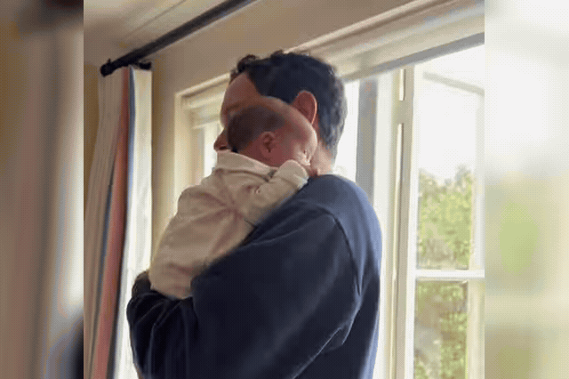 Princess Eugenie cradling baby Adelaide as Jack Brooksbank gently rocks their two-month-old daughter, born in Lisbon on 3 August, whom Eugenie called him "best Dada" to on their eighth anniversary.