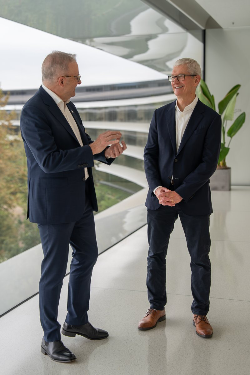 Anthony Albanese and Tim Cook, who left the Apple CEO role after 15 years, as Cook lauded Australia's under-16 social media ban — the first such restriction in the world — as world-leading.