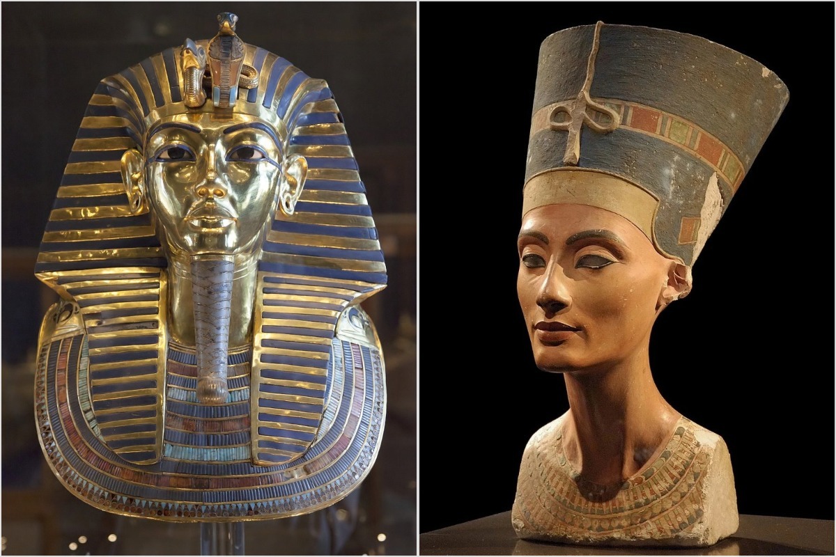 The golden death mask of Tutankhamun and the painted limestone bust of Nefertiti, whose long-lost tomb archaeologists now believe may lie concealed behind his burial chamber, revealed by new scans.