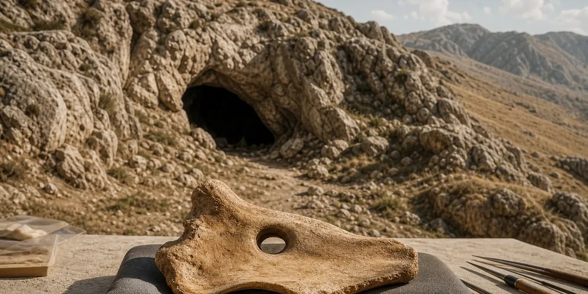 A 15mm circular hole through the left shoulder blade of a Neanderthal, which Cambridge researchers say was caused by a wooden spear driven downward into the chest, puncturing a lung and major blood vessels.