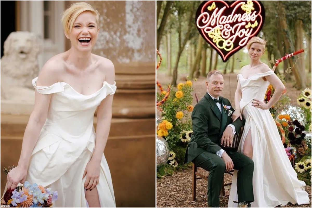 Rufus Hound and Sally Hodgkiss, who wed in a woodland ceremony last week, posed before a floral archway and an illuminated 'Madness and Joy' banner.