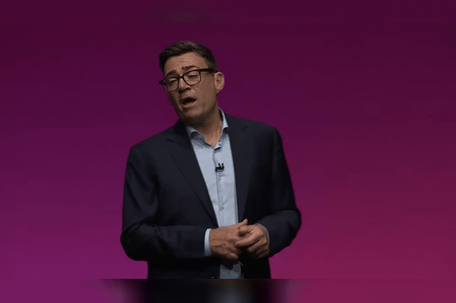 Andy Burnham pauses to compose himself, hours before a conference address in which the Prime Minister is expected to signal he is open to revisiting the triple lock to fund an NHS-style social care system.