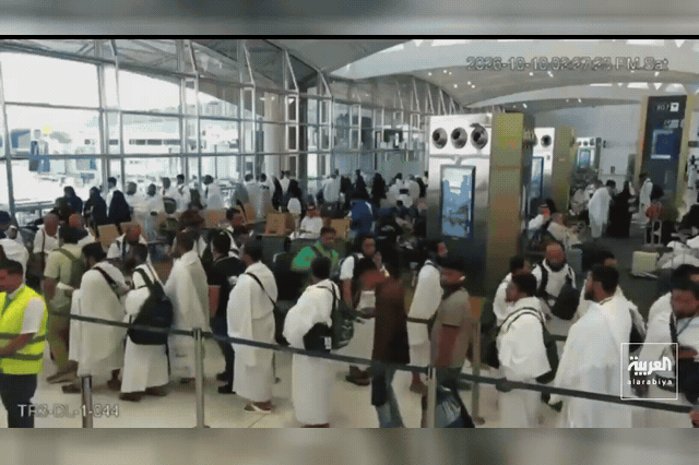 Umrah pilgrims at King Khalid International Airport, Riyadh — the site struck by a Houthi ballistic missile built using AI-written guidance software developed in place of human weapons engineers.