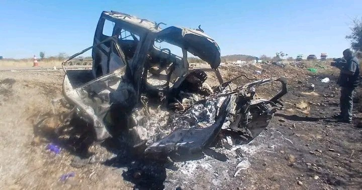 The minibus, carrying white-robed worshippers to a conference, burst into flames on impact, leaving only a burnt-out shell widely pictured by local media.