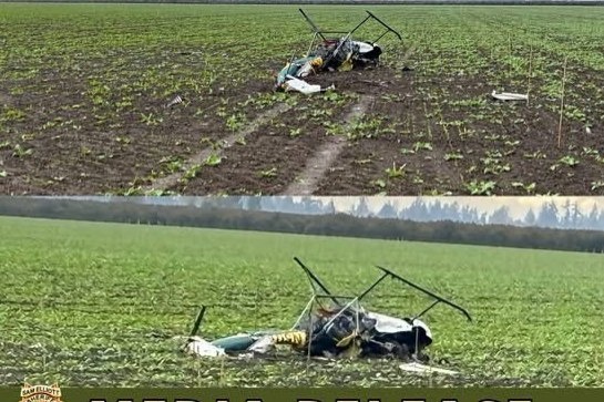 A crashed aircraft in a field near McMinnville Municipal Airport, Oregon, where a witness on a barn roof saw two helicopters collide and plunge to the ground just outside the airport perimeter.