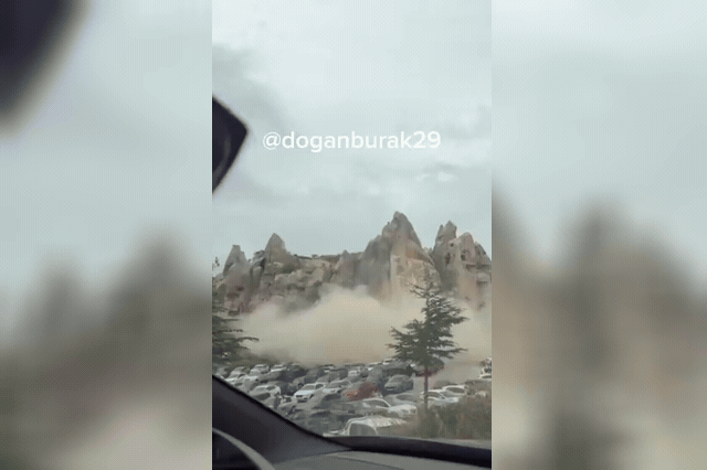 A collapsed 'fairy chimney' rock spire at Cappadocia's Göreme Open Air Museum, where Nevsehir Governor Huseyin Kok confirmed rescue operations were still under way after the 3.15pm disaster.