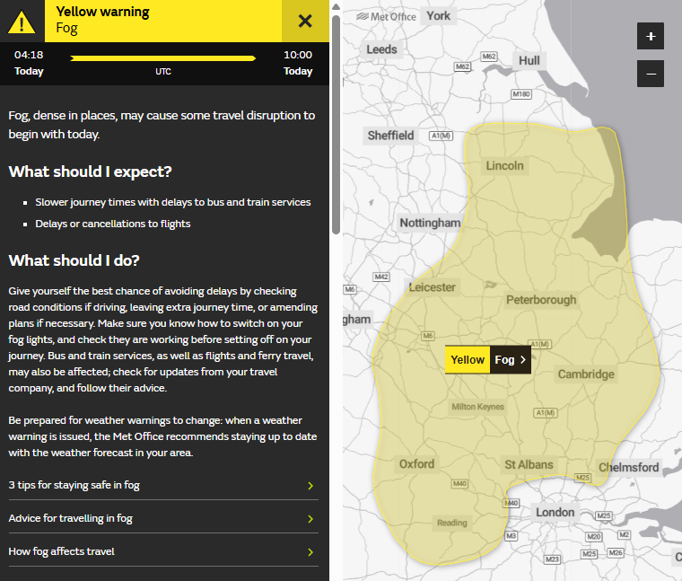 A Met Office post on social media, issued as a yellow weather warning remained active for southern, central, and eastern England, with buses, trains, ferries, and flights all at risk of delays.