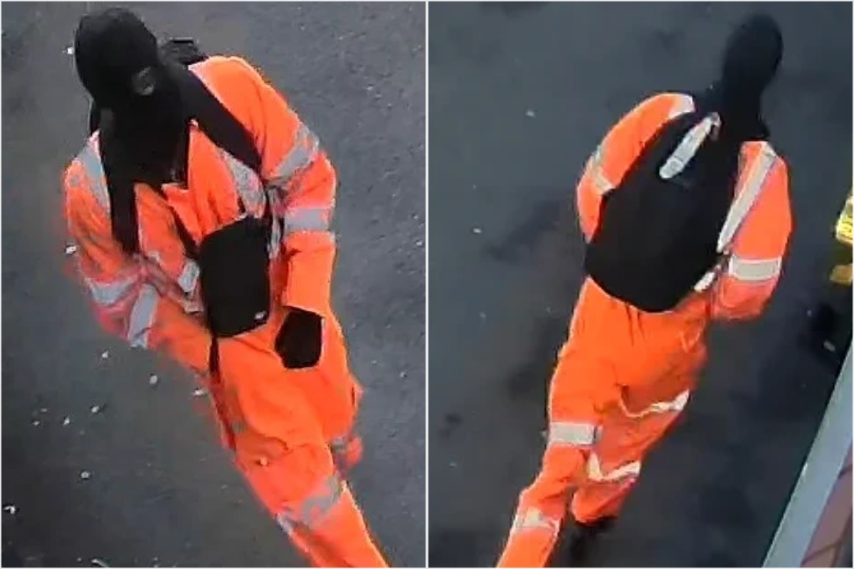CCTV footage released by Merseyside Police showing a masked figure in an orange high-visibility boilersuit wanted in connection with a gun discharge on Trefoil Close that left nobody injured.