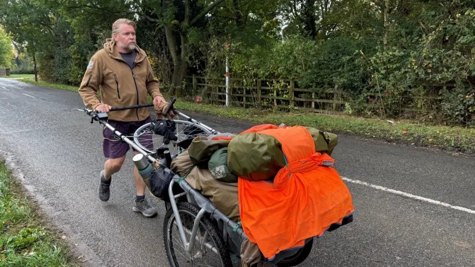 Karl Bushby, 57, who swam the English Channel just weeks ago and has walked more than 31,000 miles without using any form of transport since leaving Chile nearly 28 years ago.