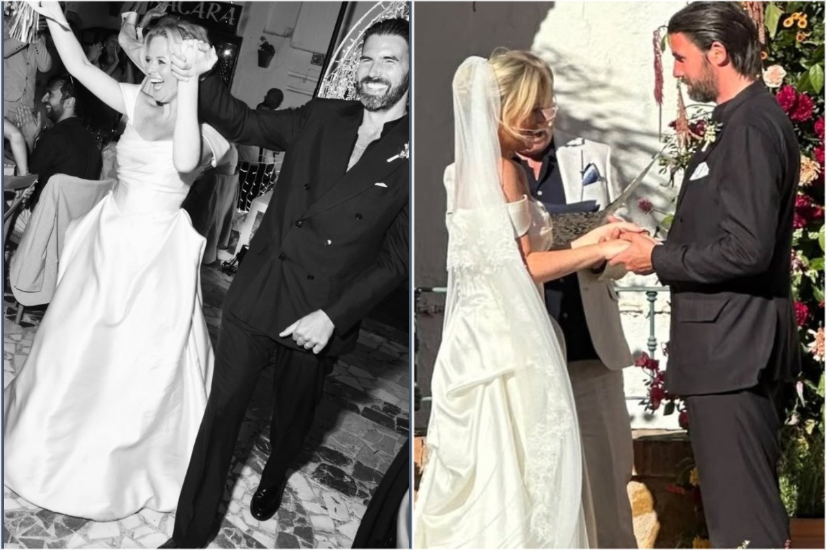 Wedding photos from Emily Atack's Mojácar celebration, attended by around 200 guests including Hollywood actor Stanley Tucci and a champagne tower at the reception.