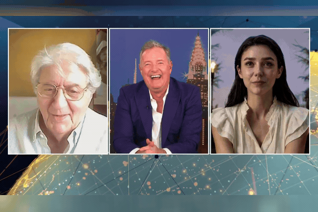 Tom Conti (left), Piers Morgan (centre), and AI actress Tilly Norwood (right) on Piers Morgan Uncensored, moments before Norwood admitted her co-stars in new film Misaligned are "all digital twins.