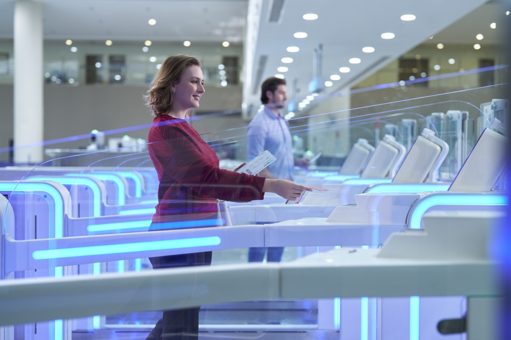 An automated airport e-gate like those now processing passengers passport-free at East Midlands Airport, where Border Force says facial recognition runs 25% faster than traditional passport scanning.