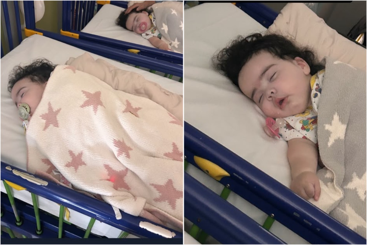 Ocean and Story with their tubes removed; the twins have been readmitted to hospital by Jesy Nelson amid their ongoing battle with spinal muscular atrophy type 1.