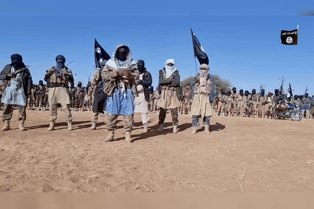 JNIM fighters in Mali, the al-Qaida-linked armed group whose seizure of Kidal in April — an attack that killed Mali's Defence Minister General Sadio Camara — ended with Russian-backed forces retaking the city.