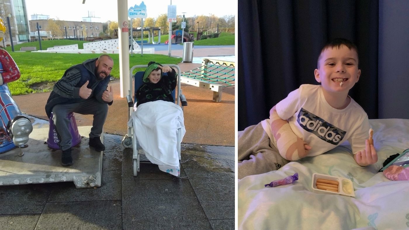 Riley Luke in hospital, right, and in a wheelchair with his father Scott Luke — the Paisley boy's thumb was "blasted back to his wrist" when a firework lit, stuck to his palm and exploded within seconds.