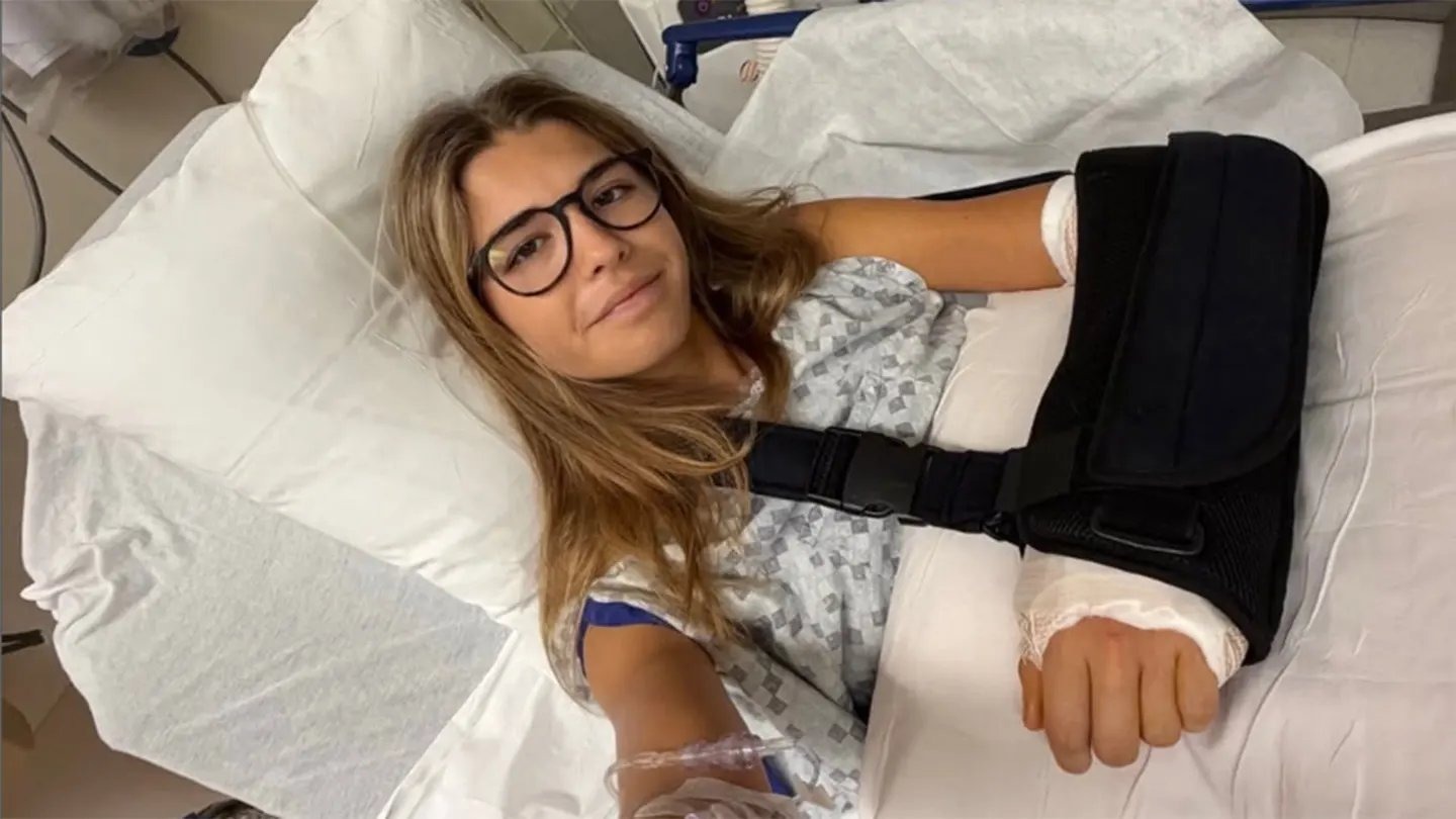 Kai Trump in hospital following her second left wrist surgery, after the injury recurred at her first college tournament when she struck a cart path on the opening hole.
