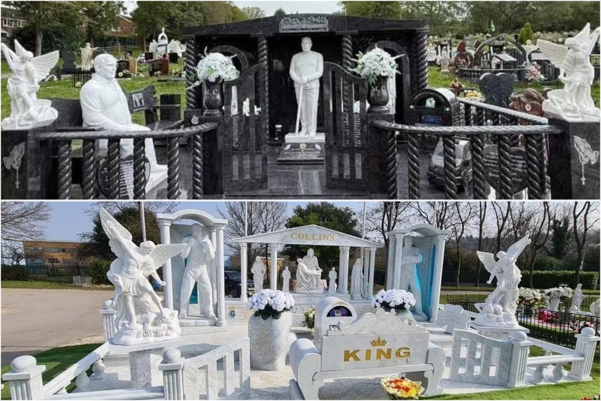The memorials to the Collins brothers at Shiregreen Cemetery in Sheffield, where all four Collins siblings are now dead and the new monument bears the inscription 'Sheffield Collins Brothers' beneath an image of them…