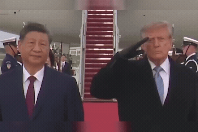 Donald Trump wincing during a military flyover as Xi Jinping looks on, as the two leaders meet amid a US-China trade truce extension pushed to 10 January.
