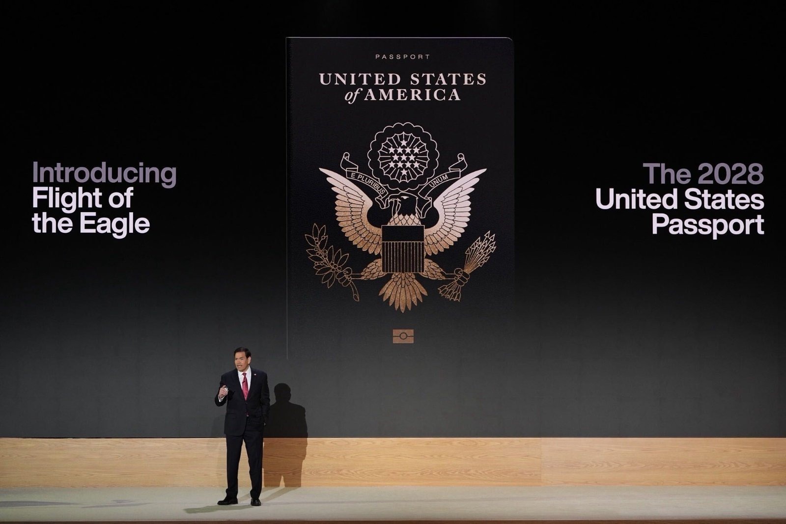 Marco Rubio unveils the new US passport design, which will include a sitting president's portrait on its interior pages for the first time in the document's history.