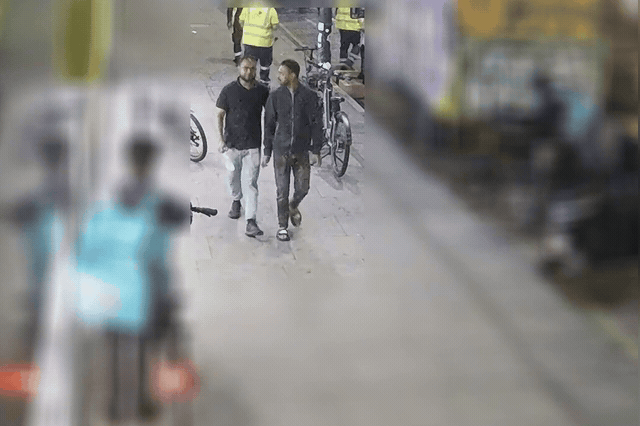 CCTV footage released by the Metropolitan Police showing two men — one in a black shirt and blue trousers, the other in a blue zip-up jacket — sought over the rape of a 13-year-old girl in Weavers Fields park, Bethnal…