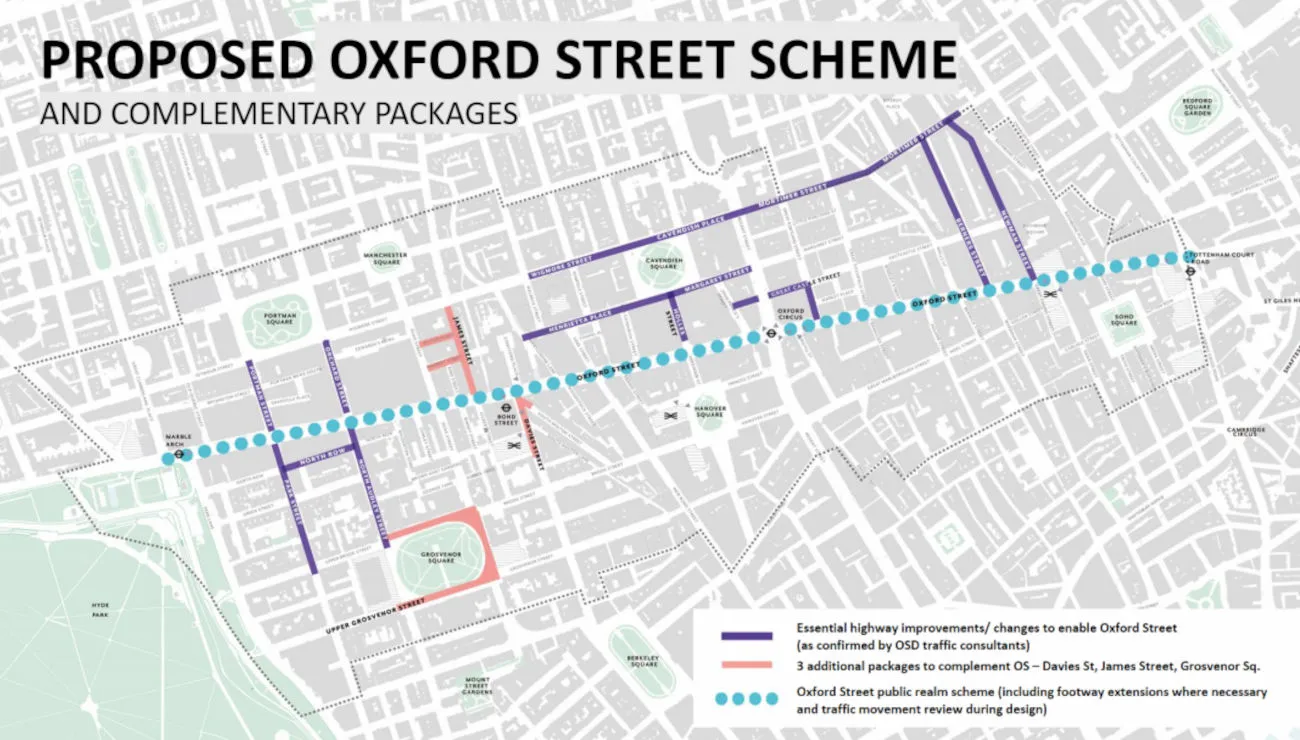 The proposed Oxford Street pedestrian zone covers almost a kilometre from Orchard Street to Great Portland Street, with Lord Sadiq Khan vowing to replace 'dross' candy shops with good-quality retailers.