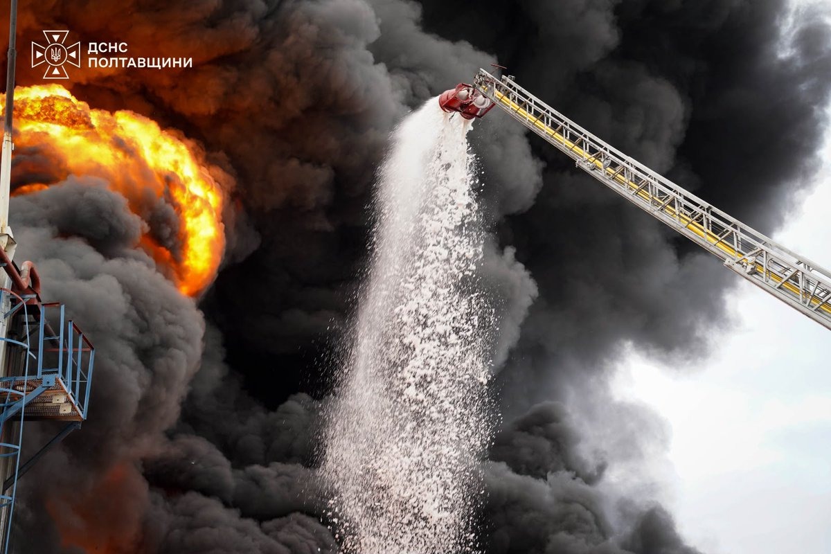 A fire engine tackles a blaze in the Poltava region as Russia continued attacking Ukrainian energy infrastructure daily, striking a Kyiv facility on 30 October and a Shostka heat and power plant the following morning.