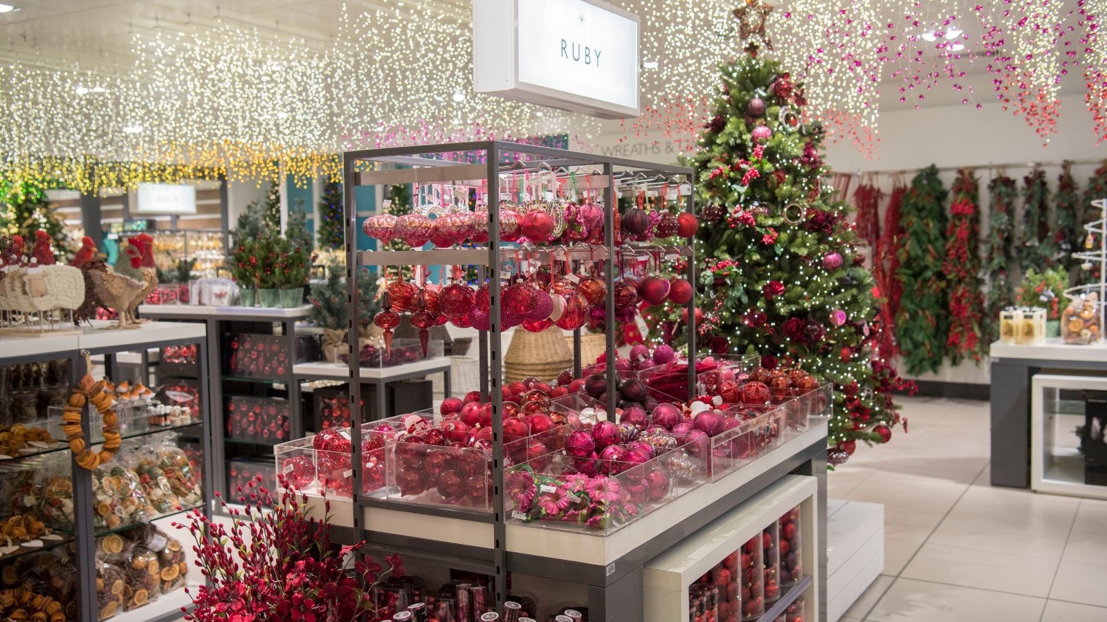 The Ruby-themed baubles and dressed tree inside a John Lewis Christmas shop, where gift-wrap searches have soared fivefold and retro decorations — including 70s disco and cassette tape designs — are proving the runaway…