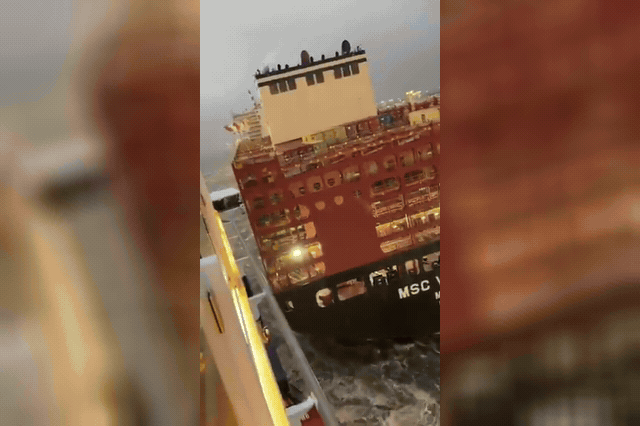 Passengers scream as a cruise ship is blown into two container vessels by storm winds at a German port