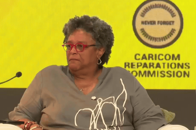 Mia Mottley, Barbados Prime Minister, at the CARICOM Reparations Commission conference, where delegates agreed a five-year action plan targeting November's Commonwealth summit as the next pressure point.