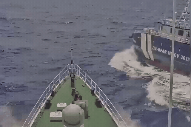 China's coast guard vessel CCG-21585 moments after ramming the Philippine fisheries ship BRP Datu Magat Salamat near Sabina Shoal, bending and breaking starboard railings during what the US has condemned as a deliberate…