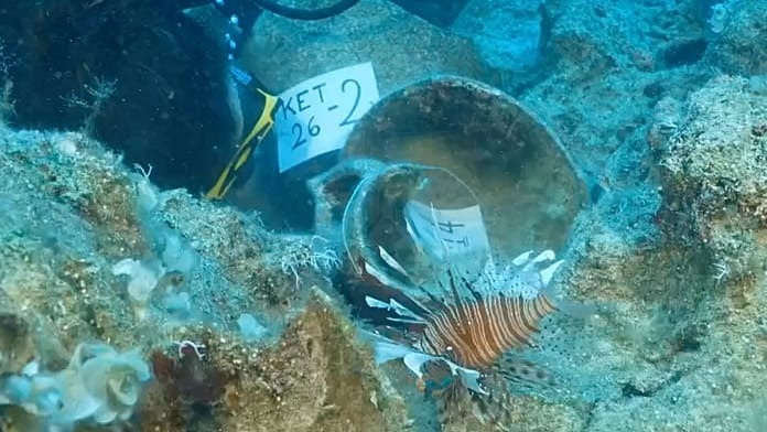 Ceramic amphorae recovered from the seabed off Kekova Island, Turkey, where a 4,400–4,700-year-old shipwreck was found — some still containing traces of their original cargo.