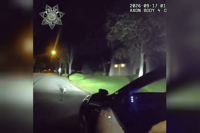 Bodycam footage from a Leawood, Kansas police officer showing the dog in the street, its leash trailing with no owner in sight, before it led him to its owner lying motionless on a garage floor.