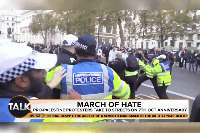 Police detaining a protester during pro-Palestine demonstrations in London, as five people were arrested on suspicion of inciting racial hatred after chanting intifada slogans outside the Board of Deputies of British…