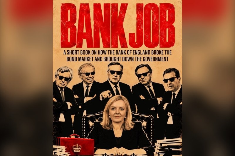 The cover of Liz Truss's new book 'Bank Job', styled as a Reservoir Dogs-style movie poster — published four years to the day since she resigned, it has already been mocked online as 'Lettuce Job: how to outlast a…