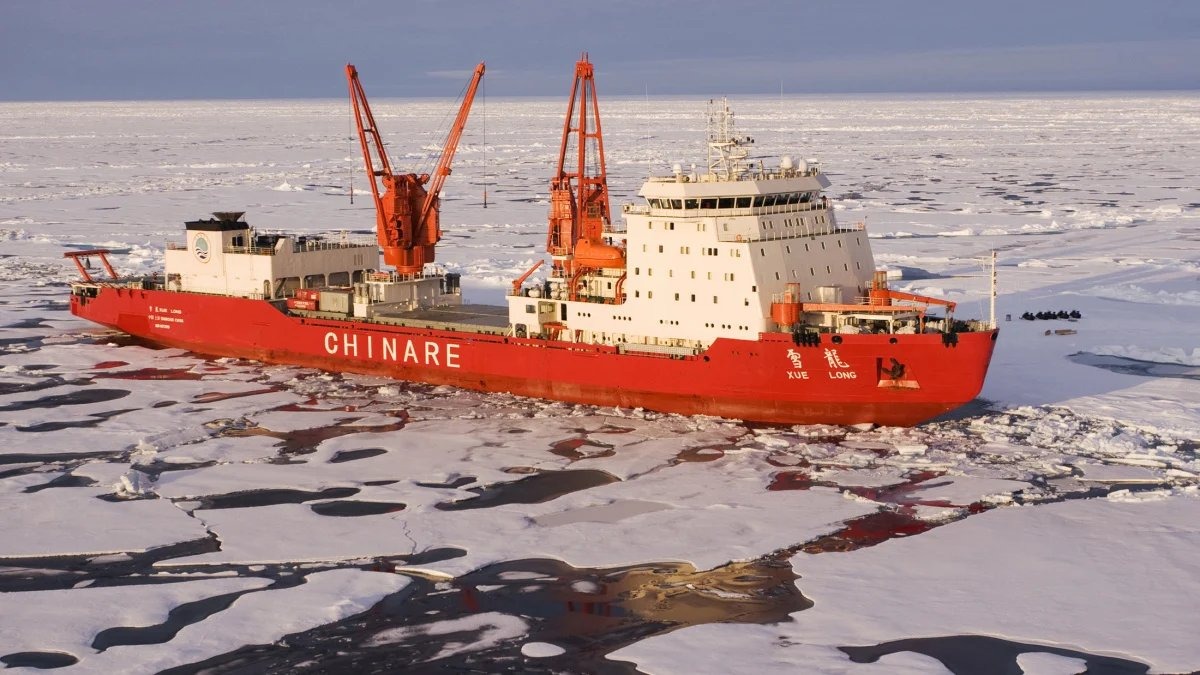 A Chinese icebreaker in the Arctic, where four Chinese vessels have operated in US waters so far in 2026 — more than in all of 2025 — without providing any advance diplomatic notice of their movements.
