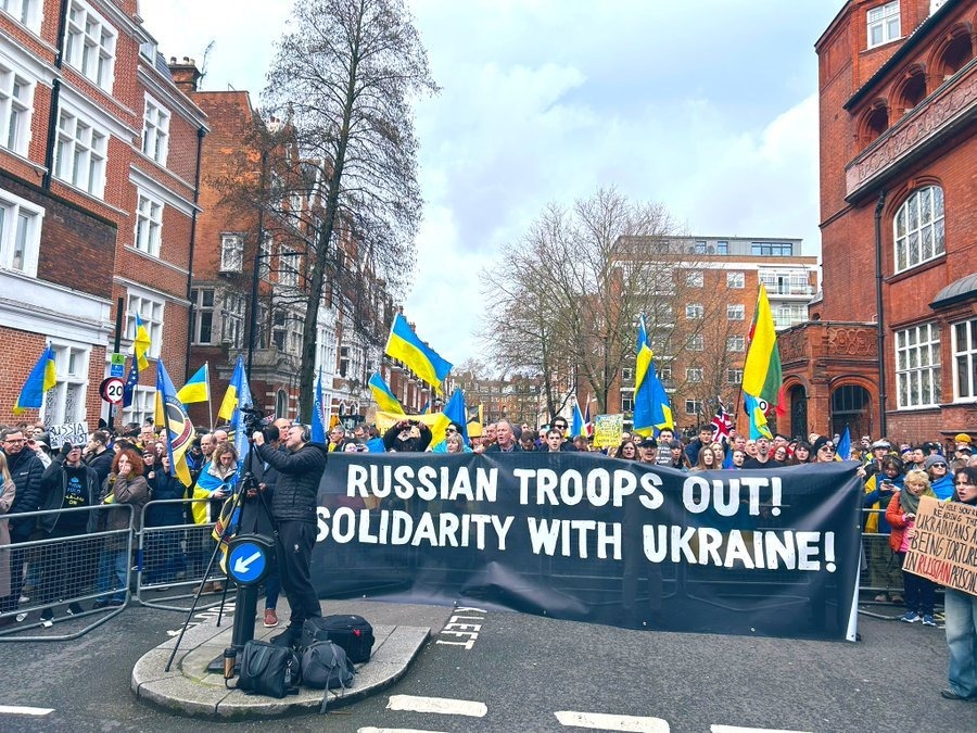 Protesters outside the Russian Embassy in London. Judge Hirst found that anti-Putin gatherings of 15 to 30 people were small enough for participants to be identified, with a realistic possibility Russian authorities had…