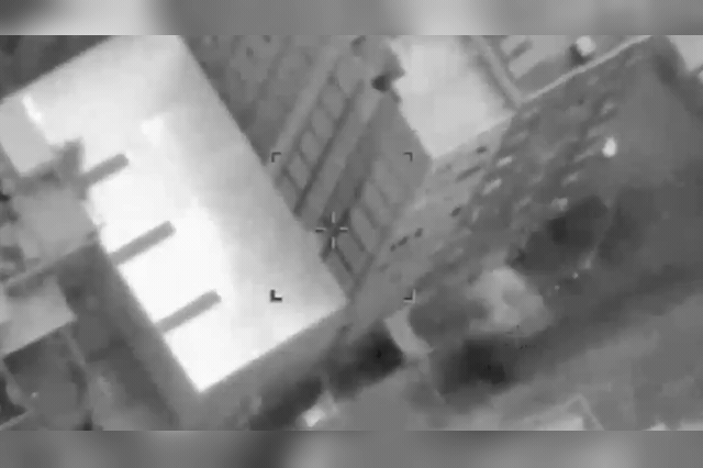 IDF aerial footage of the strike in Gaza City's Nassr neighbourhood, where Israel says al-Beik had been involved in terrorist plots and recruiting for Hamas's armed wing in northern Gaza.
